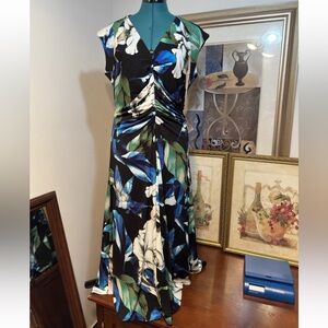 White House Black Market Black and Blue Floral Midi Dress
